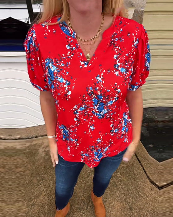 T-Shirt Col V Imprimé Fleuri Manches Courtes