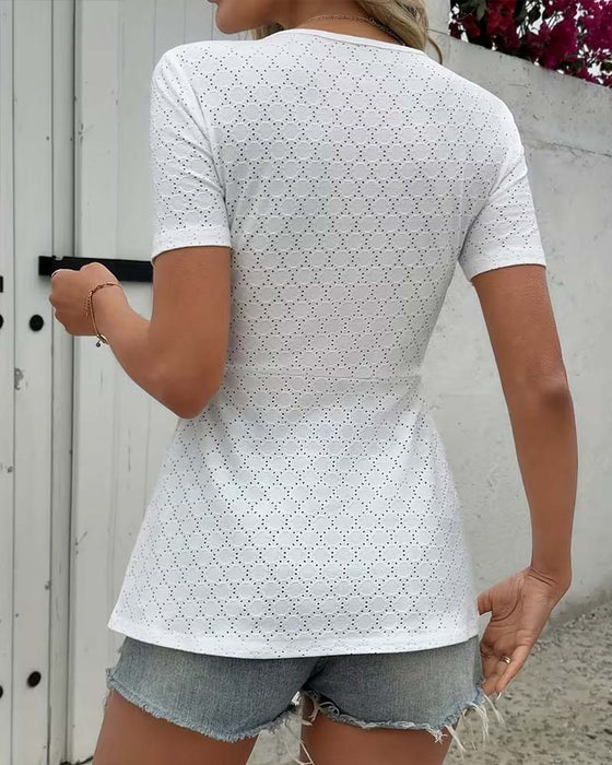 T-Shirt Col En V Taille Torsadée Manches Courtes