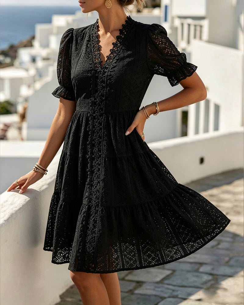 Robe Manches Bouffantes Col V Dentelle Ligne A