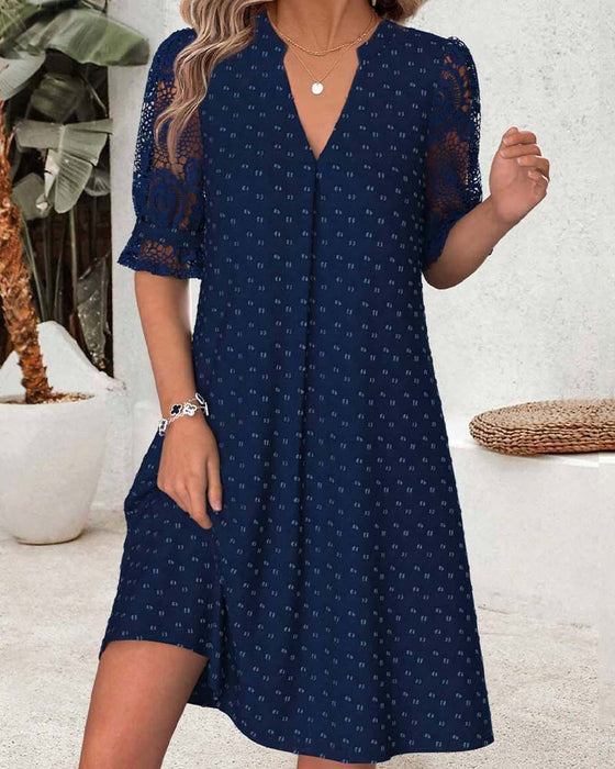 Robe Col V Imprimé Dentelle Patchwork Ligne A