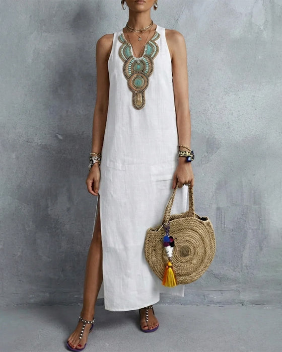 Robe Sans Manches Col En V Bohémienne Longue