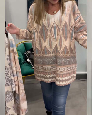 Haut Imprimé Losange Géométrique Manches Longues Col V
