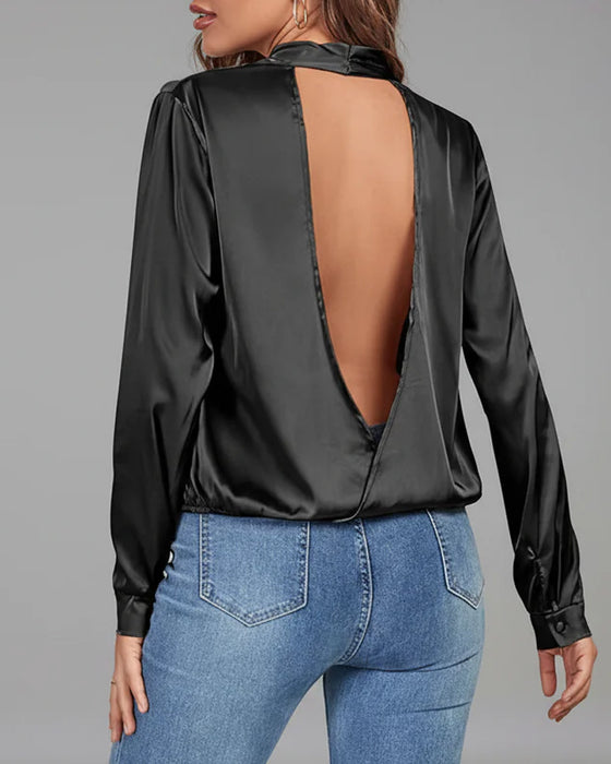 Chemise élégante unie à manches longues et dos nu