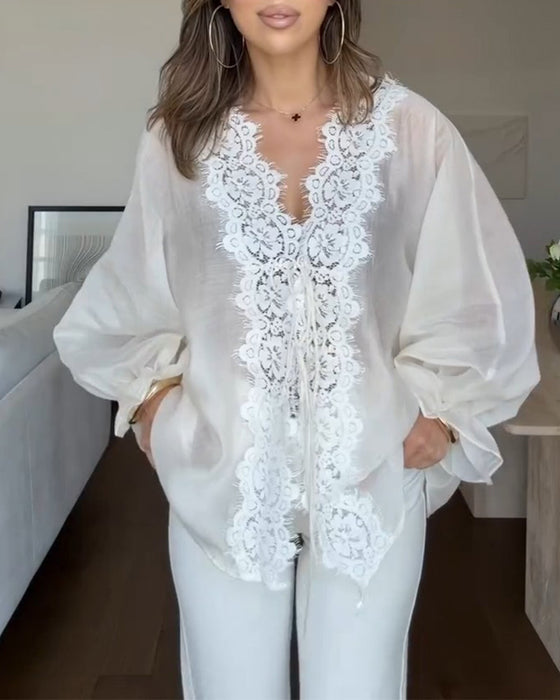 Blouse Col En V Dentelle Panneau Volant