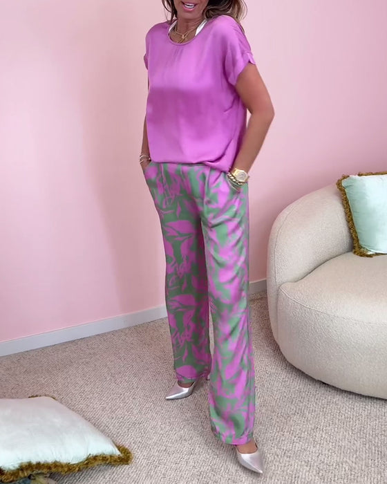 Ensemble décontracté imprimé avec poches et manches courtes