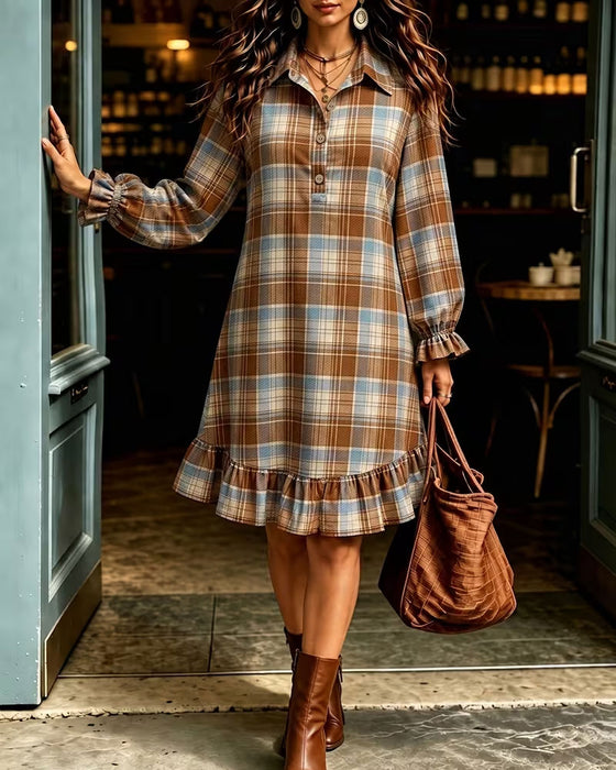 Robe Revers Bouton À Carreaux