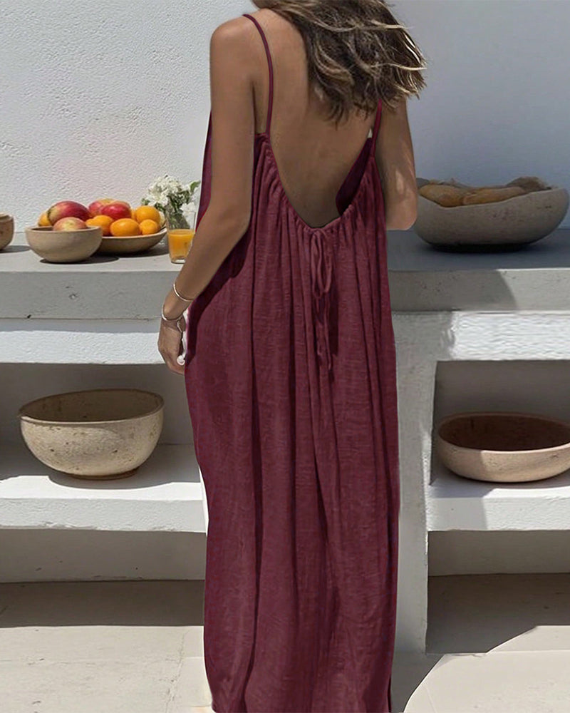 Robe Uni Couleur Plissé Dos Nu Bretelles Spaghetti Maxi