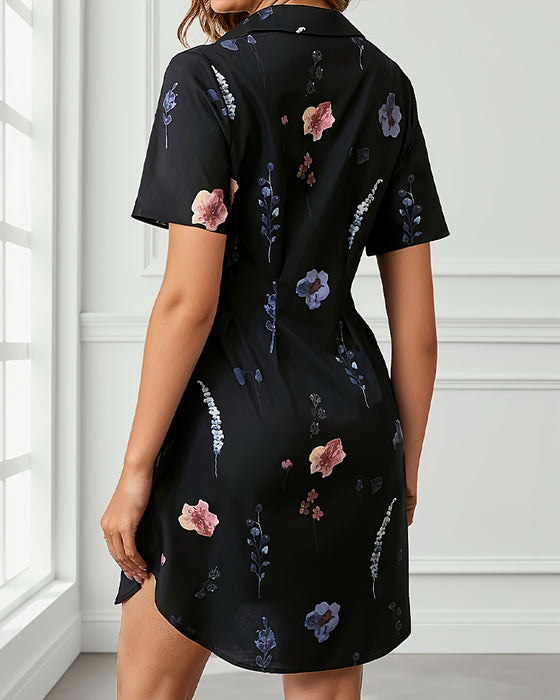 Robe Imprimée Manches Courtes Col Revers
