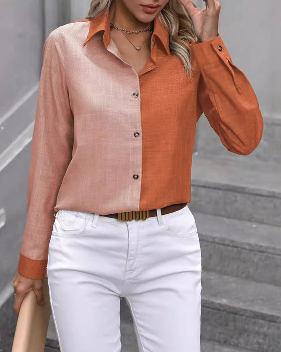 Blouse À Col Revers Et Boutonnage Simple Avec Blocs De Couleur