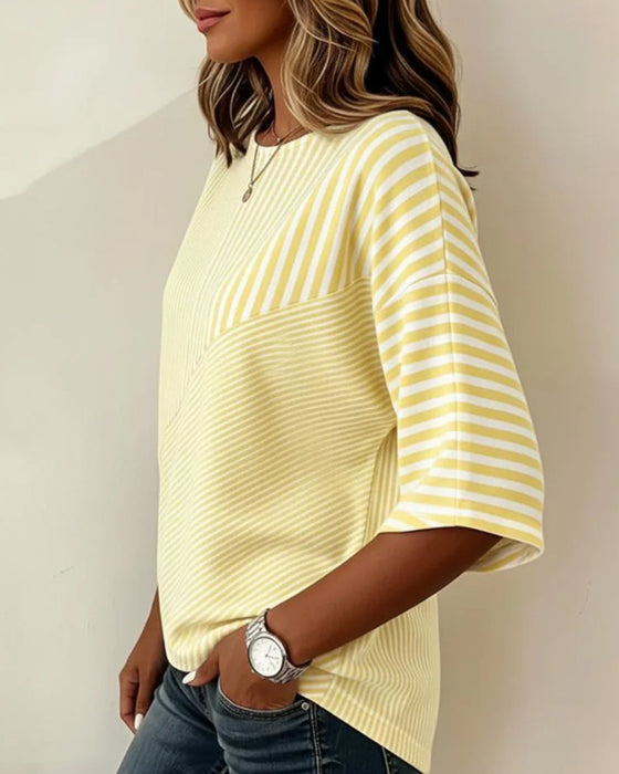 T-Shirt Rayé Col Rond Bloc De Couleur