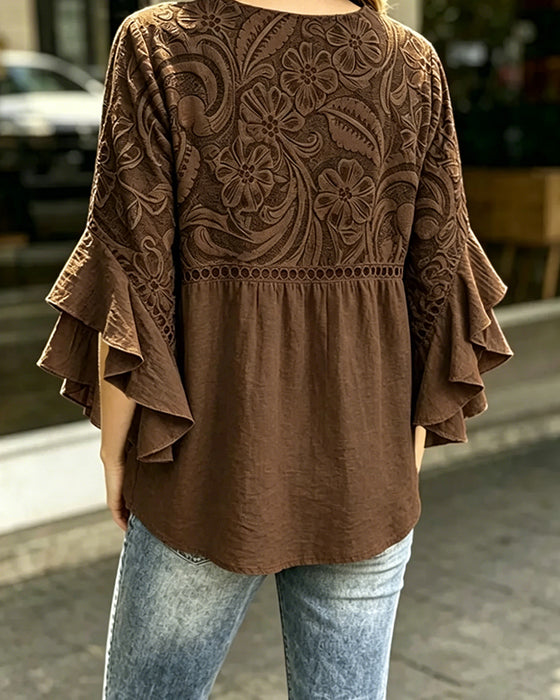 Blouse Vintage Imprimé Floral Manche Volantée Asymétrique