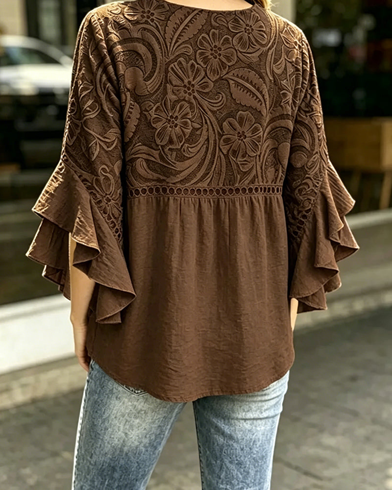 Blouse Vintage Imprimé Floral Manche Volantée Asymétrique