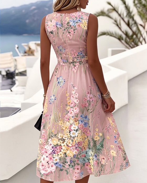 Robe Sans Manches Imprimé Floral Cintrée À La Taille