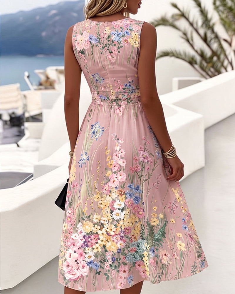 Robe Sans Manches Imprimé Floral Cintrée À La Taille