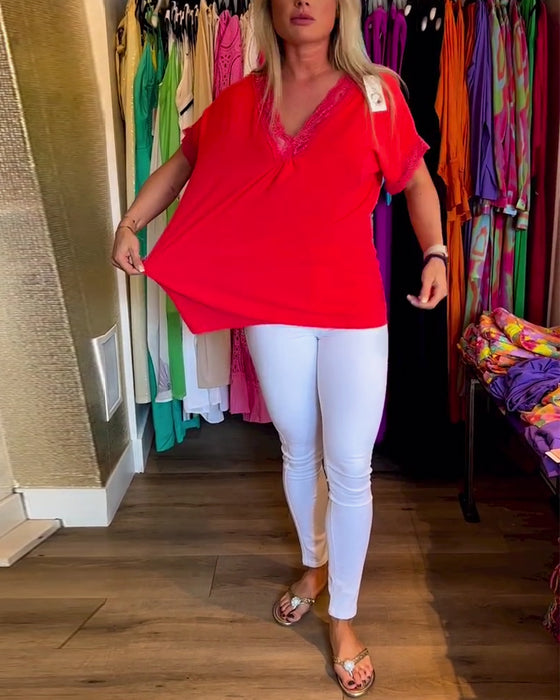 Haut de couleur unie à col en V en dentelle épissée