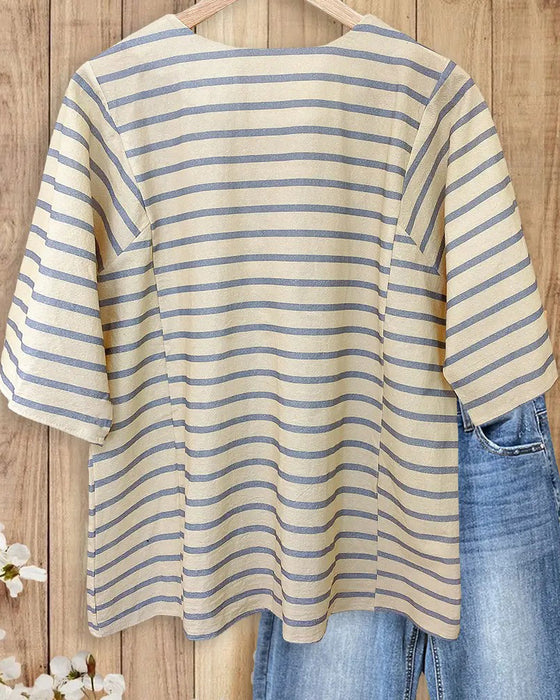 Blouse Rayure Texture Demi Manche Décontractée