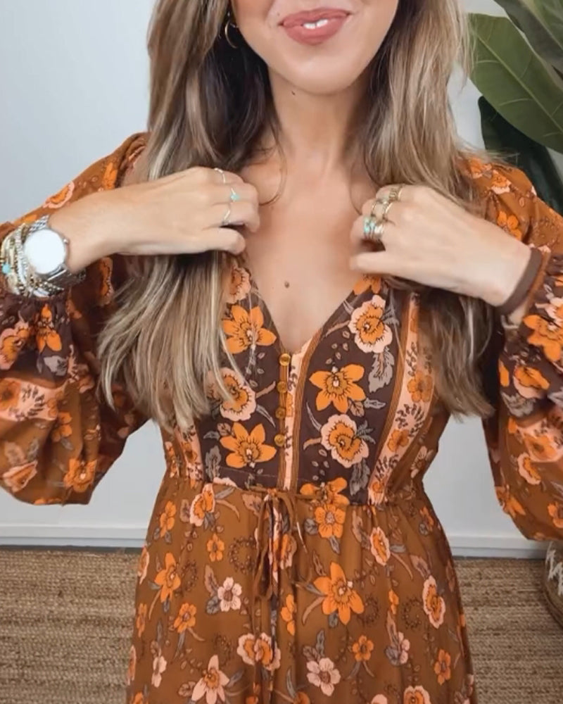 Robe à imprimé floral vintage avec col en V et manches lanterne