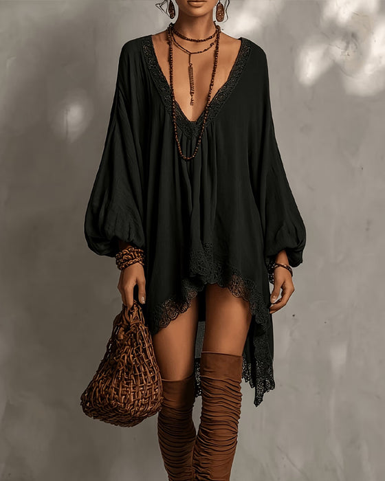 Robe Col V Dentelle Asymétrique