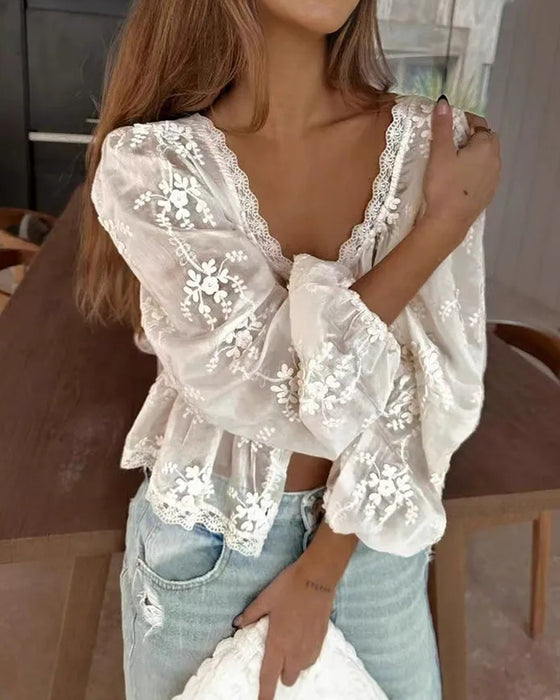 Blouse Col U Loose Brodée Manche Longue