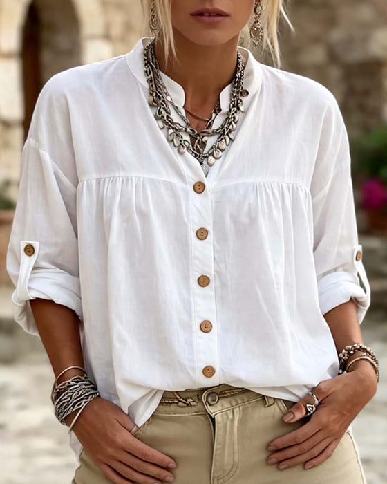 Blouse À Col Montant Manches Longues Couleur Unie Boutonnage
