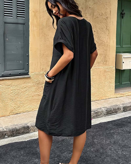 Robe Col Carré Ourlet Roulé Manches Courtes Ample Poche