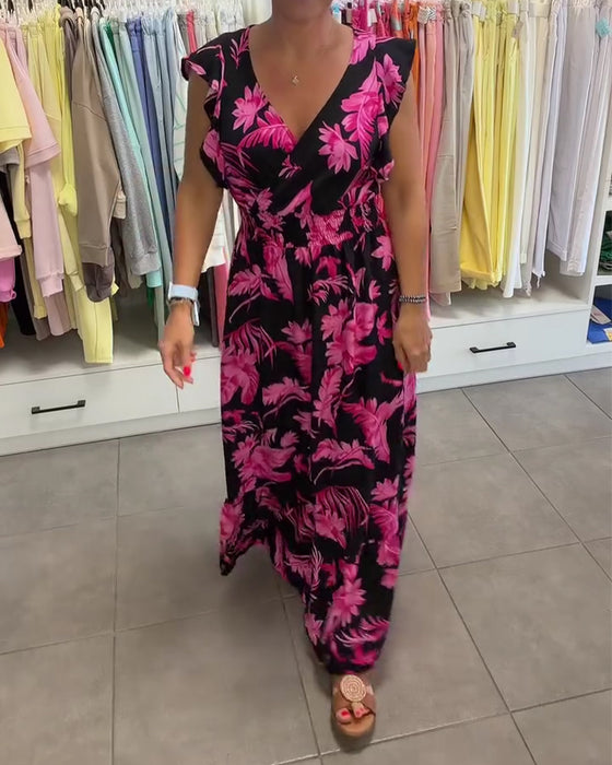 Robe Florale Tropicale Col En V Taille Cintrée Longue