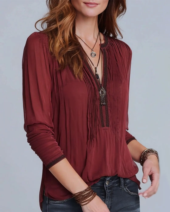 Blouse Col V Contrastant Manche Longue