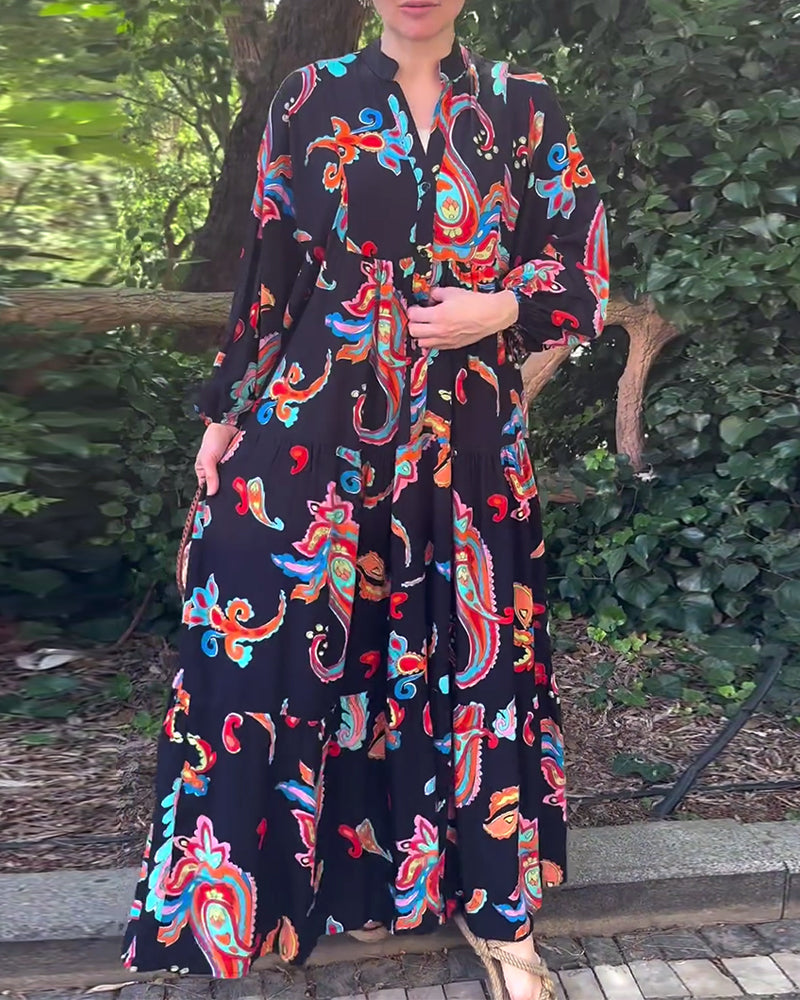 Robe patchwork à manches longues imprimée vintage