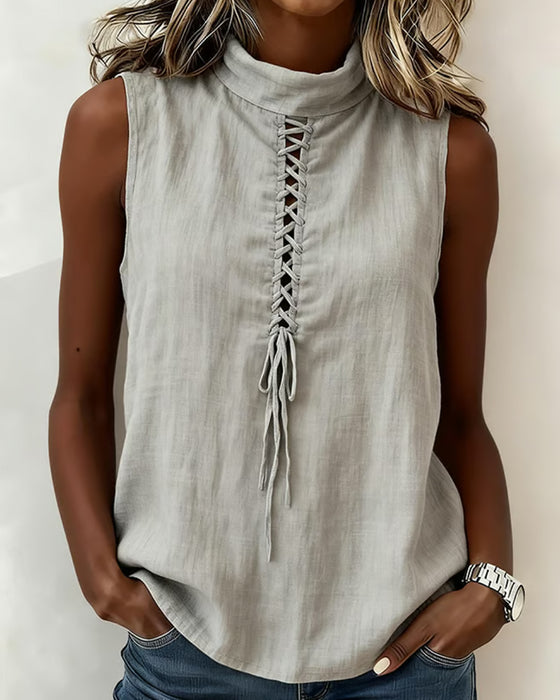 Tank Top Col Mock Cravate Sans Manches