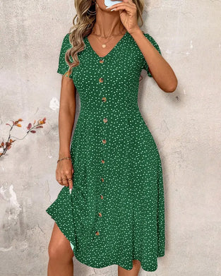 Robe Imprimée Col V Manches Courtes