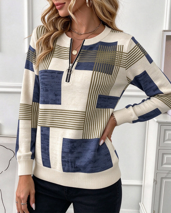 Sweat Col Rond Géométrique Demi-Zip Tricoté