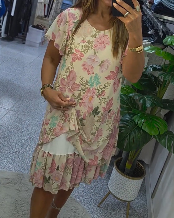 Robe Col Rond Florale Double Couche