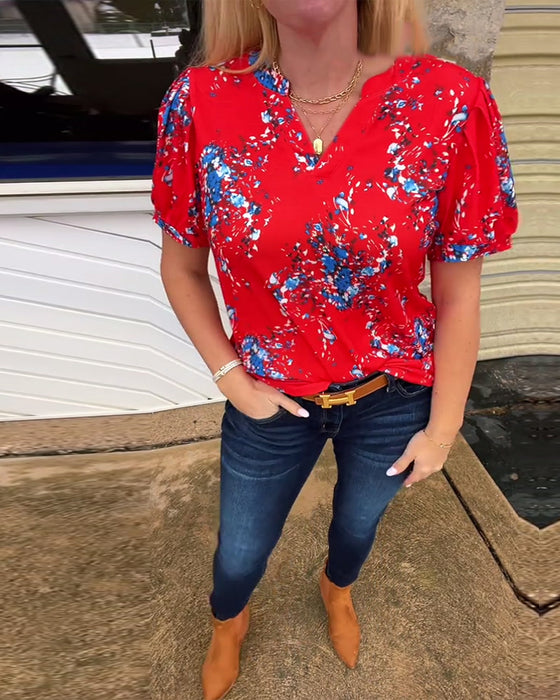 T-Shirt Col V Imprimé Fleuri Manches Courtes