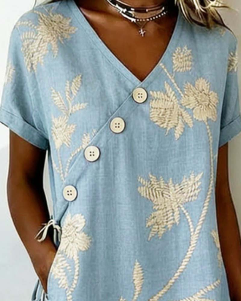 Robe Bouton Diagonal Imprimé Col V Mini