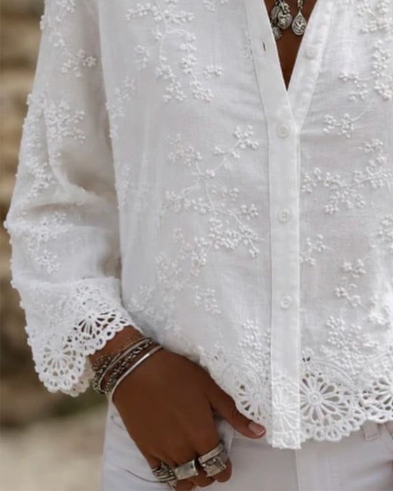 Blouse Élégante Dentelle Patchwork Unie