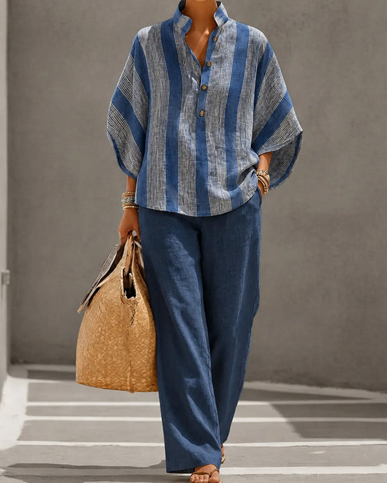 Ensemble Couleur-Contraste Rayé Boutonnage Irrégulier Pantalon Large-Jambe