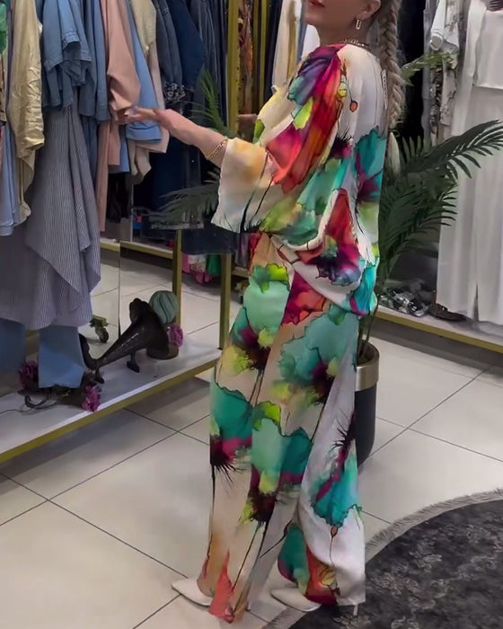 Ensemble asymétrique à manches trois-quarts à imprimé lotus