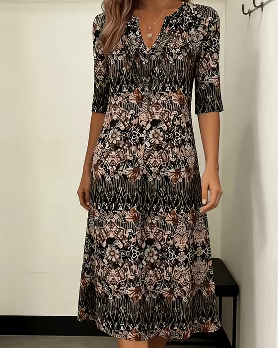 Robe Col V Imprimé Patchwork Demi‑manche