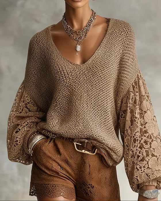 Pullover Dentelle Découpe Patchwork Manche Lanterne