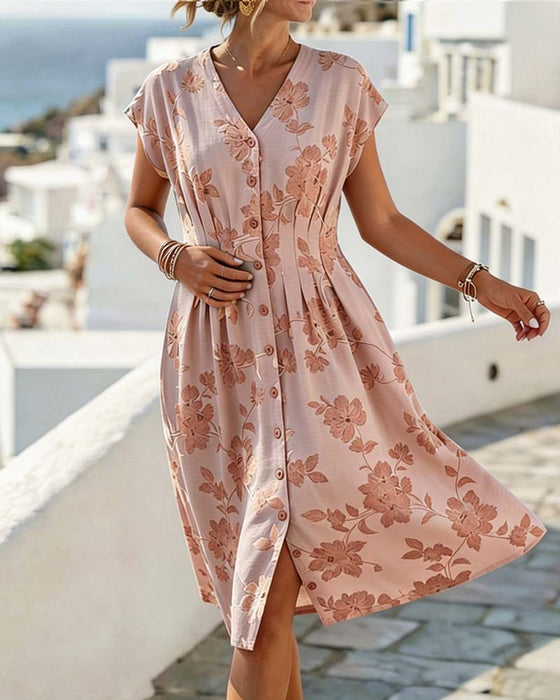 Robe Col En V Imprimé Taille Cintrée Boutonnage Devant
