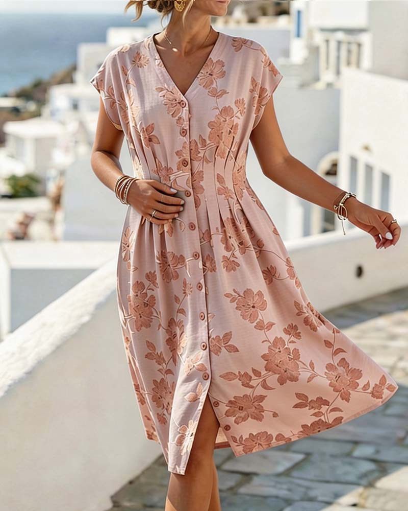Robe Col En V Imprimé Taille Cintrée Boutonnage Devant