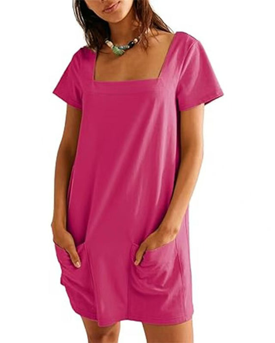 Robe Col Carré Manches Courtes Poche