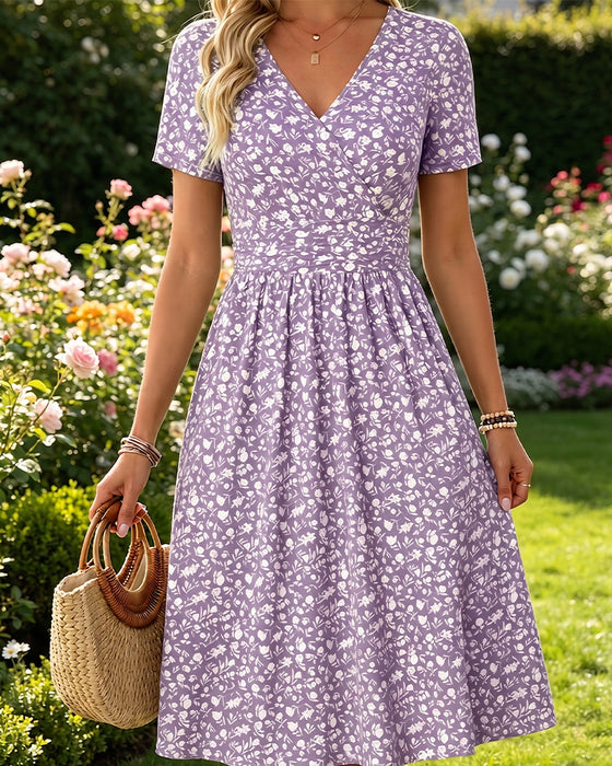 Robe Col En V Manches Courtes Petit Fleuri