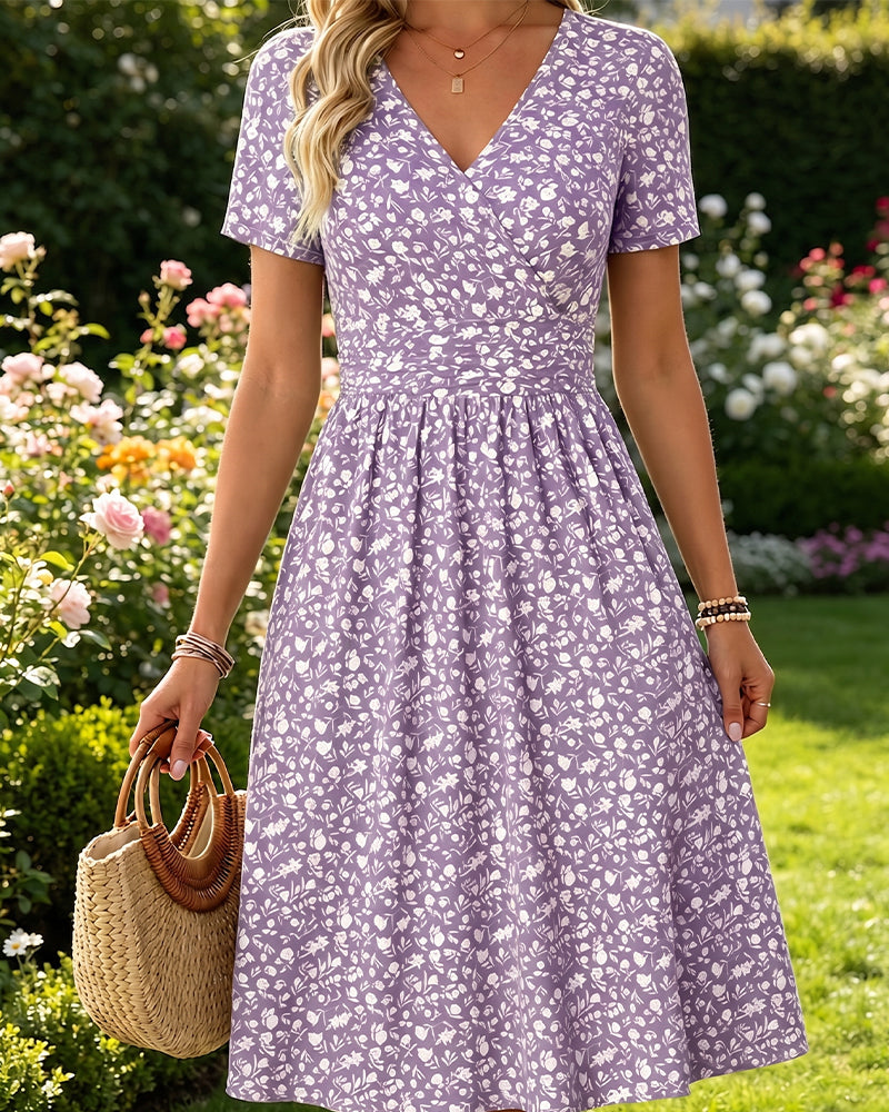 Robe Col En V Manches Courtes Petit Fleuri