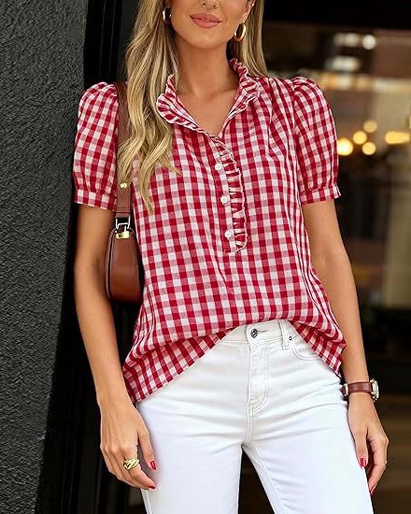 Blouse À Carreaux Bouffante Manches Courtes