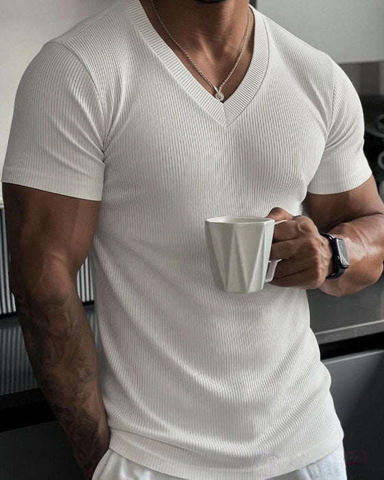 T-Shirt Col En V Côtelé Unie Homme