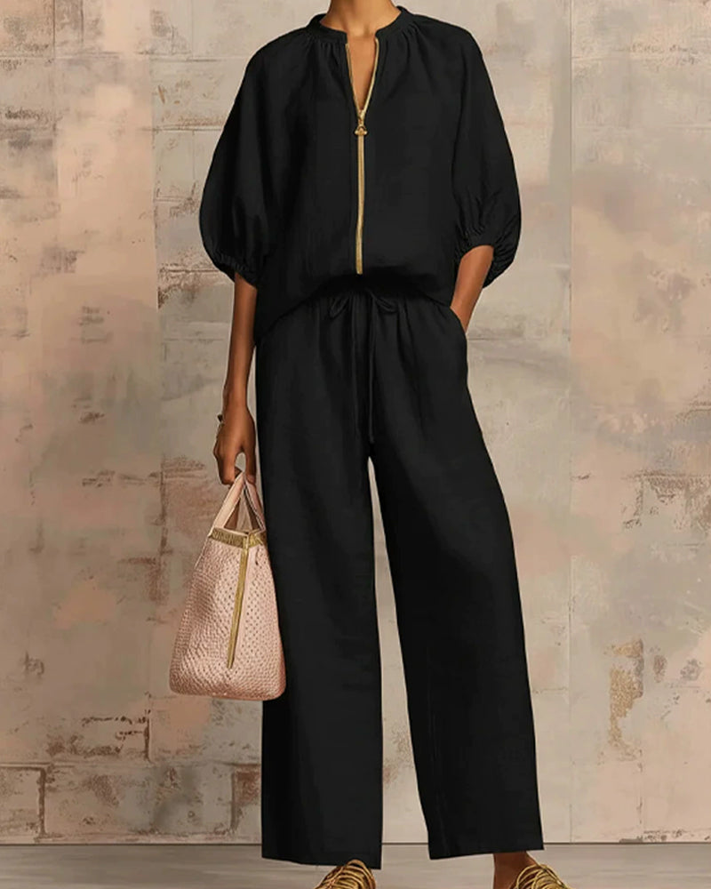 Ensembles Deux-Pièces Fermeture Éclair Col Rond Haut Large Jambe Pantalon