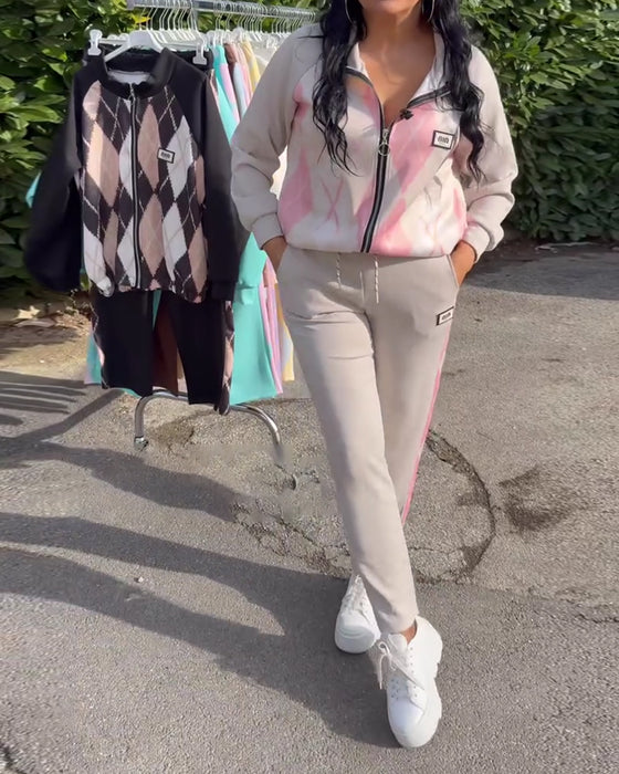 Ensemble Deux Pièces Haut À Zip Et Pantalon À Carreaux