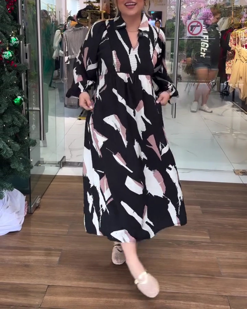 Robe Col V Imprimée Manches Longues