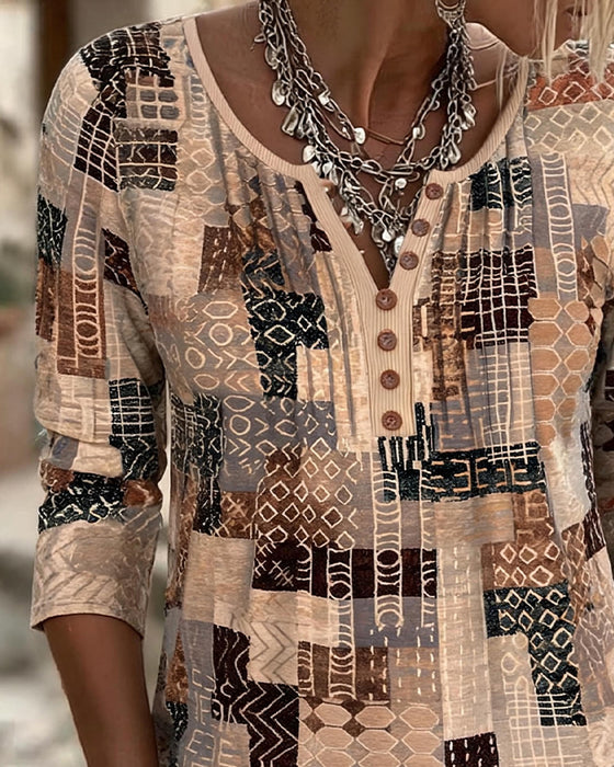 T-Shirt Géométrique Patchwork Imprimé Henley